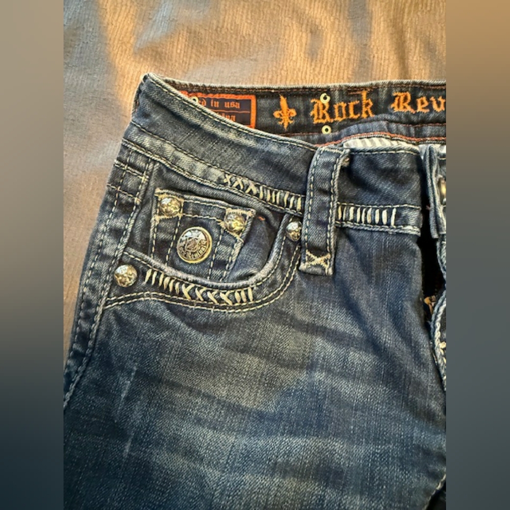 Rock Revival Blue Jeans with Gold Embroidery